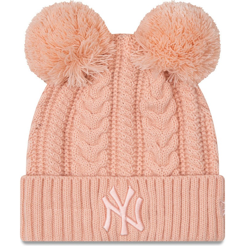 bonnet-rose-avec-pompom-avec-logo-rose-pour-femme-cuff-double-new-york-yankees-mlb-new-era