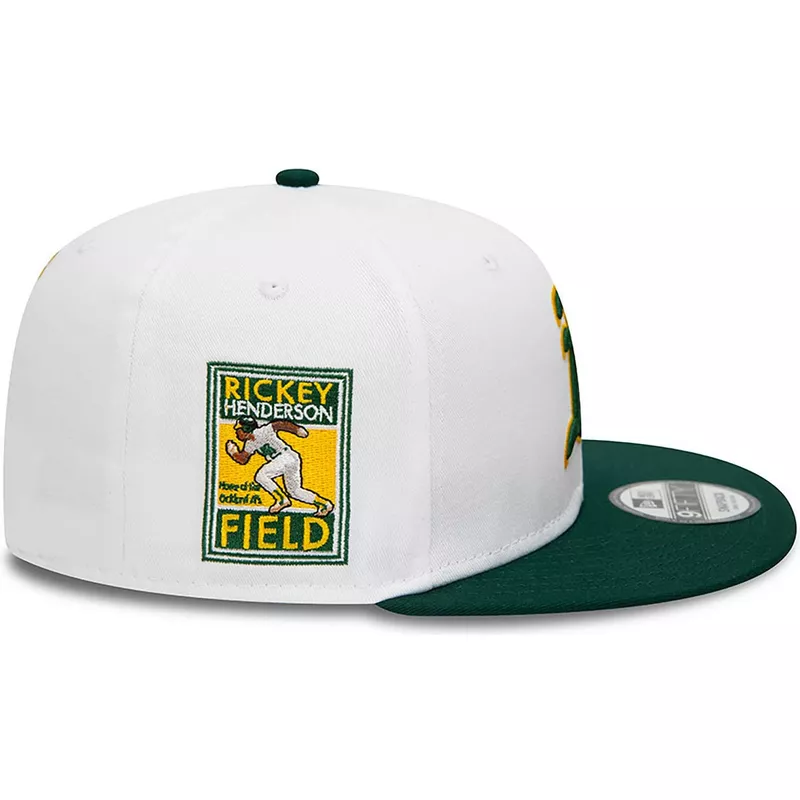 casquette-plate-blanche-et-verte-snapback-rickey-henderson-9fifty-crown-patches-oakland-athletics-mlb-new-era