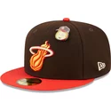 casquette-plate-marron-et-rouge-ajustee-59fifty-the-elements-fire-pin-miami-heat-nba-new-era