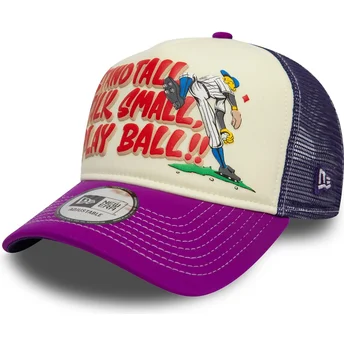 Casquette trucker beige et violette 9FORTY A Frame Graphic Stand Tall Talk Small Play Ball New Era