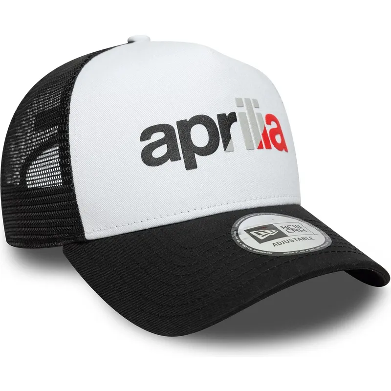 casquette-trucker-blanche-et-noire-a-frame-wordmark-aprilia-piaggio-new-era