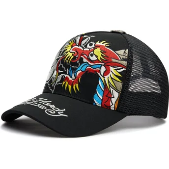 Casquette trucker noire Dragon And Roses Graphic Ed Hardy
