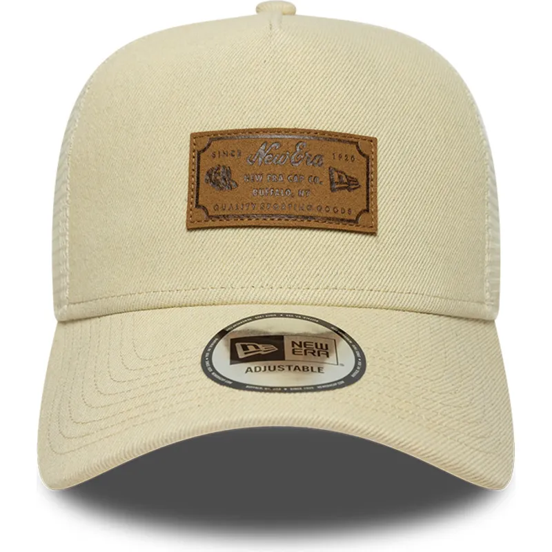 casquette-trucker-beige-a-frame-denim-leather-patch-new-era