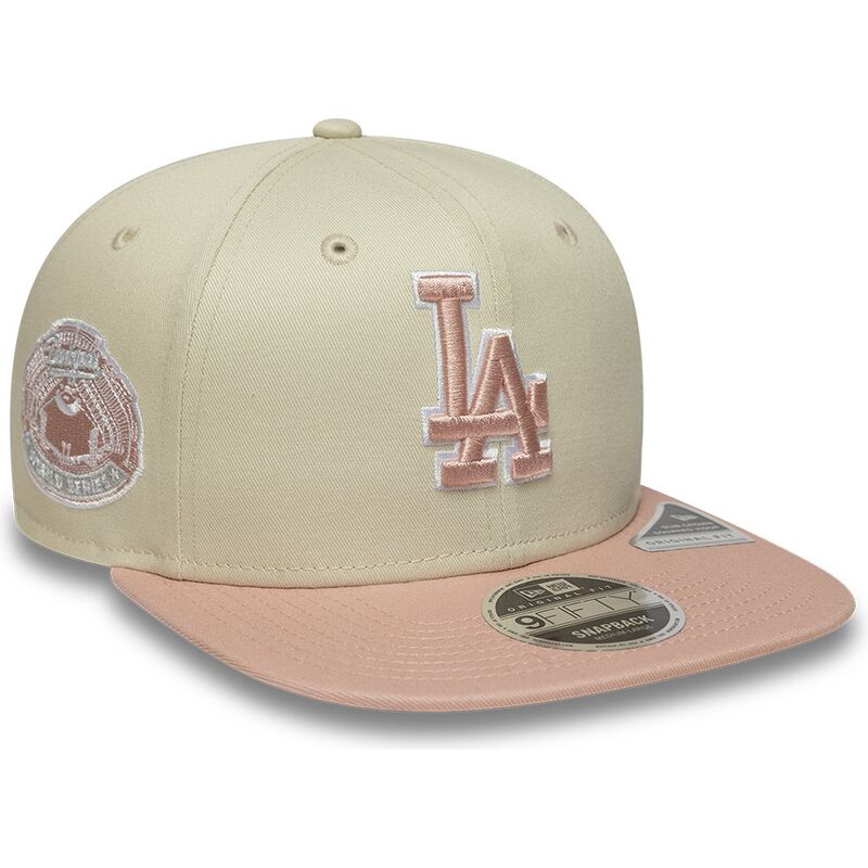 casquette-plate-beige-snapback-avec-logo-rose-9fifty-original-fit-world-series-patch-los-angeles-dodgers-mlb-new-era