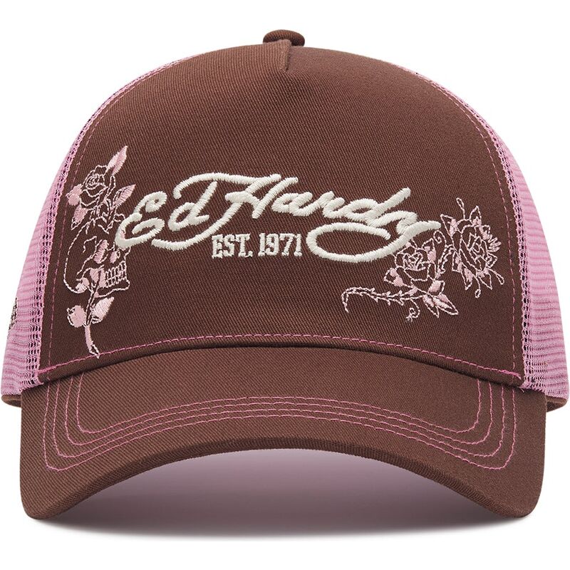 casquette-trucker-marron-et-rose-skull-and-roses-ed-hardy casquette-trucker-marron-et-rose-skull-and-roses-ed-hardy