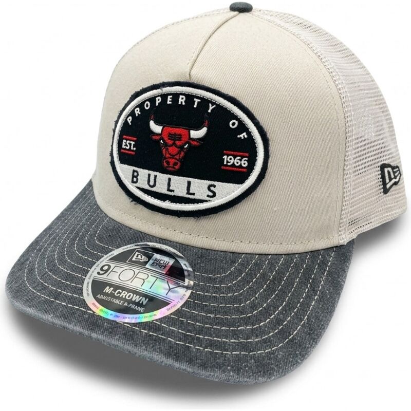 casquette-trucker-beige-et-grise-9forty-m-crown-a-frame-fray-chicago-bulls-nba-new-era
