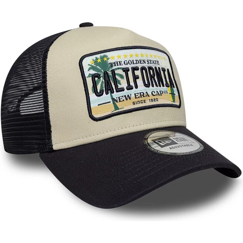 casquette-trucker-beige-et-bleue-marine-a-frame-license-plate-california-new-era