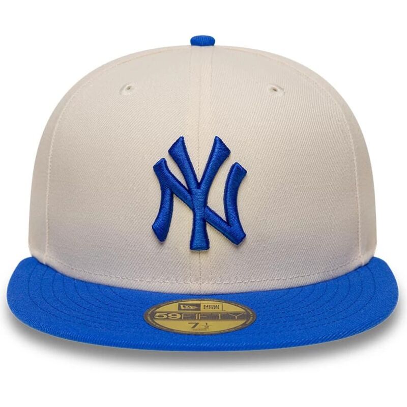casquette-plate-beige-et-bleue-ajustee-avec-logo-bleu-59fifty-league-essential-new-york-yankees-mlb-new-era