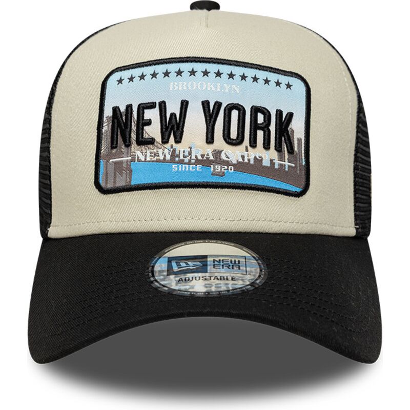 casquette-trucker-noire-et-beige-a-frame-license-plate-new-york-new-era