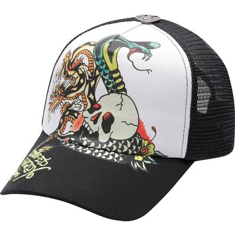 Casquette trucker noire et blanche Snake And Skull Ed Hardy