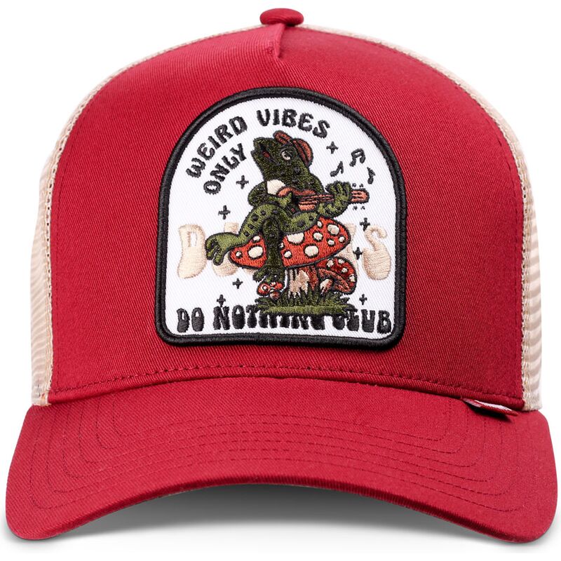 casquette-trucker-rouge-et-beige-hft-do-nothing-club-weird-vibes-frog-djinns casquette-trucker-rouge-et-beige-hft-do-nothing-club-weird-vibes-frog-djinns